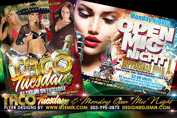 Taco Tuesdays and Open Mic Mondays Flyer designs