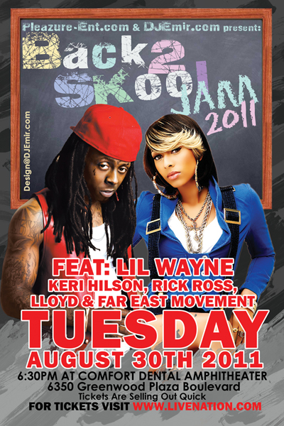 Back to School Jam Flyer design for KS1075 Back2Skool Jam 2011 feat Lil Wayne Keri Hilson Rick Ross LLoyd and Far East Movement 