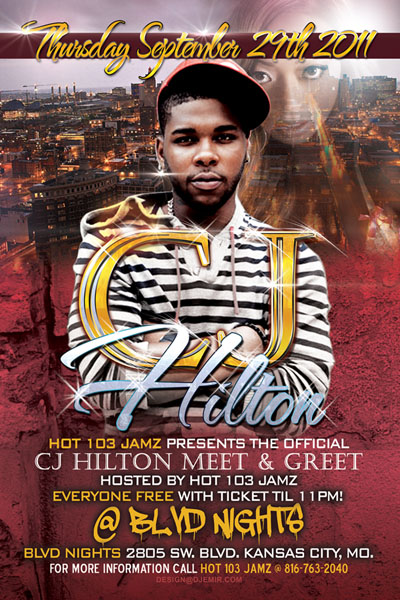 Flyer Design for CJ Hilton Meet and Greet Party at BLVD Nights Kansas City MO