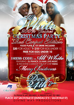 All White Gospel Christmas Party Flyer Design Back Red Carpet Edition