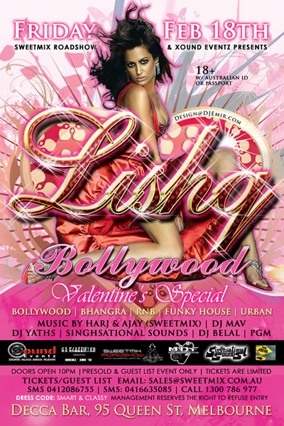 Valentine's Day Party Flyer Design for Lishq Melbourne Australia Bollywood Parties