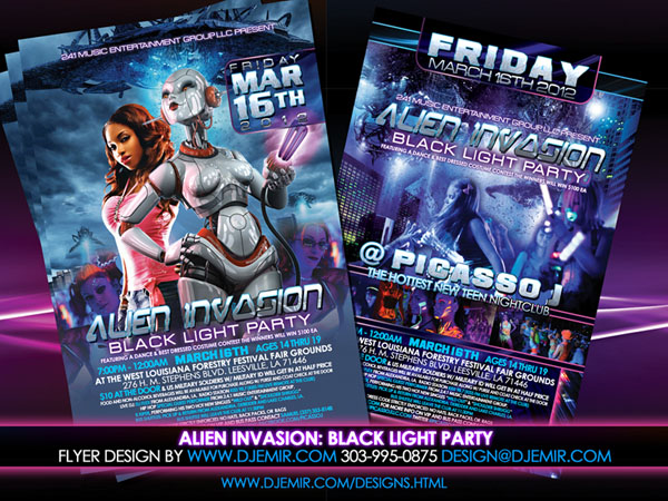 Amazing Flyer Designs Alien InVasion Black Light Teen Party Flyer Design